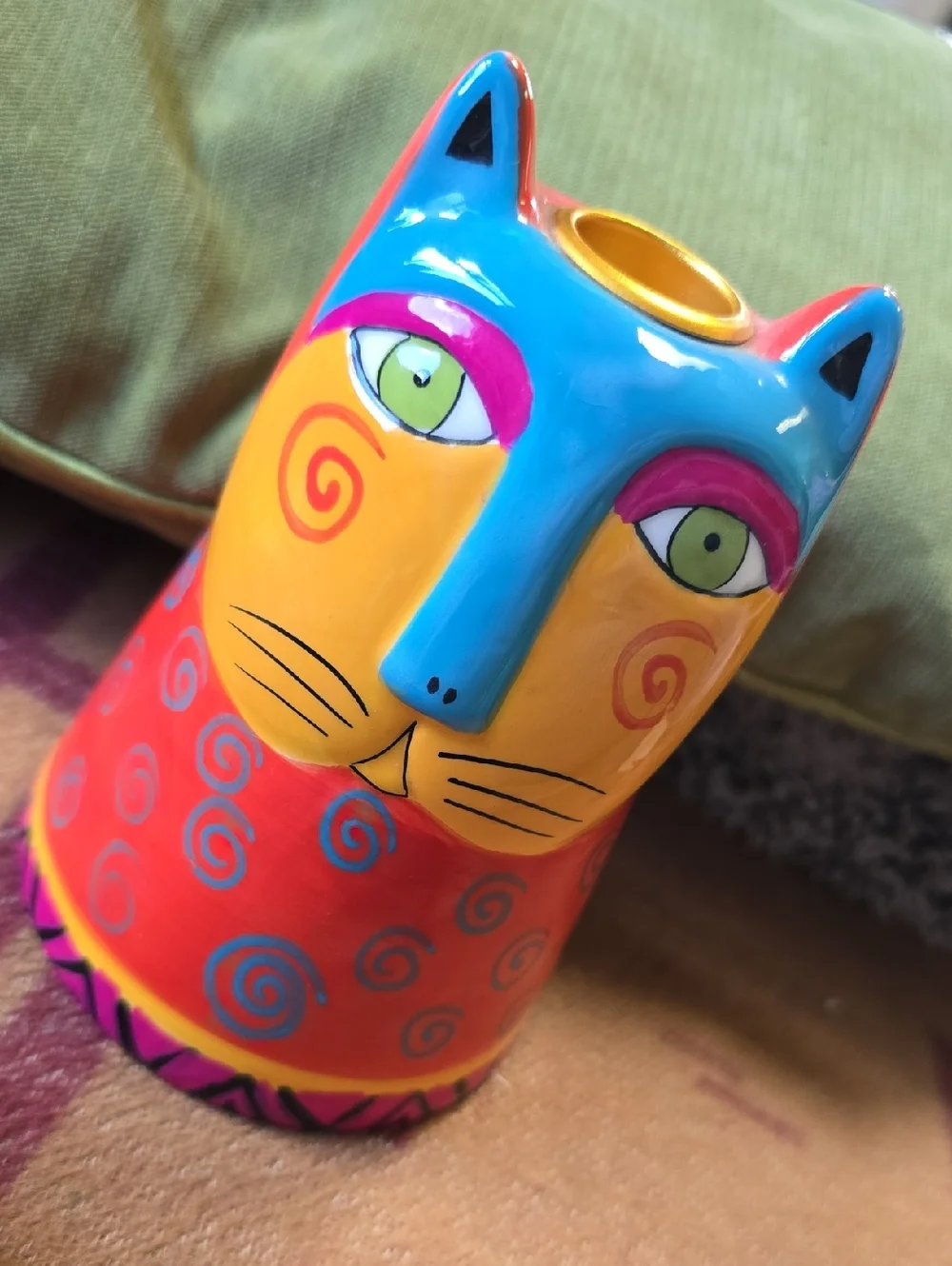 Laurel Burch Signed Colorful Cat Candle Holder Ceramic Ganz